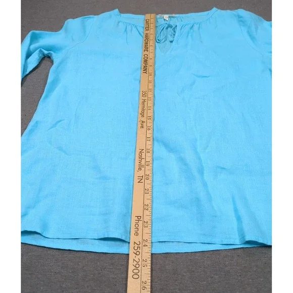 Eileen Fisher Irish Linen Tunic Blue Split Top Neck Tie 3/4 Sleeve Womens PM - Picture 7 of 15